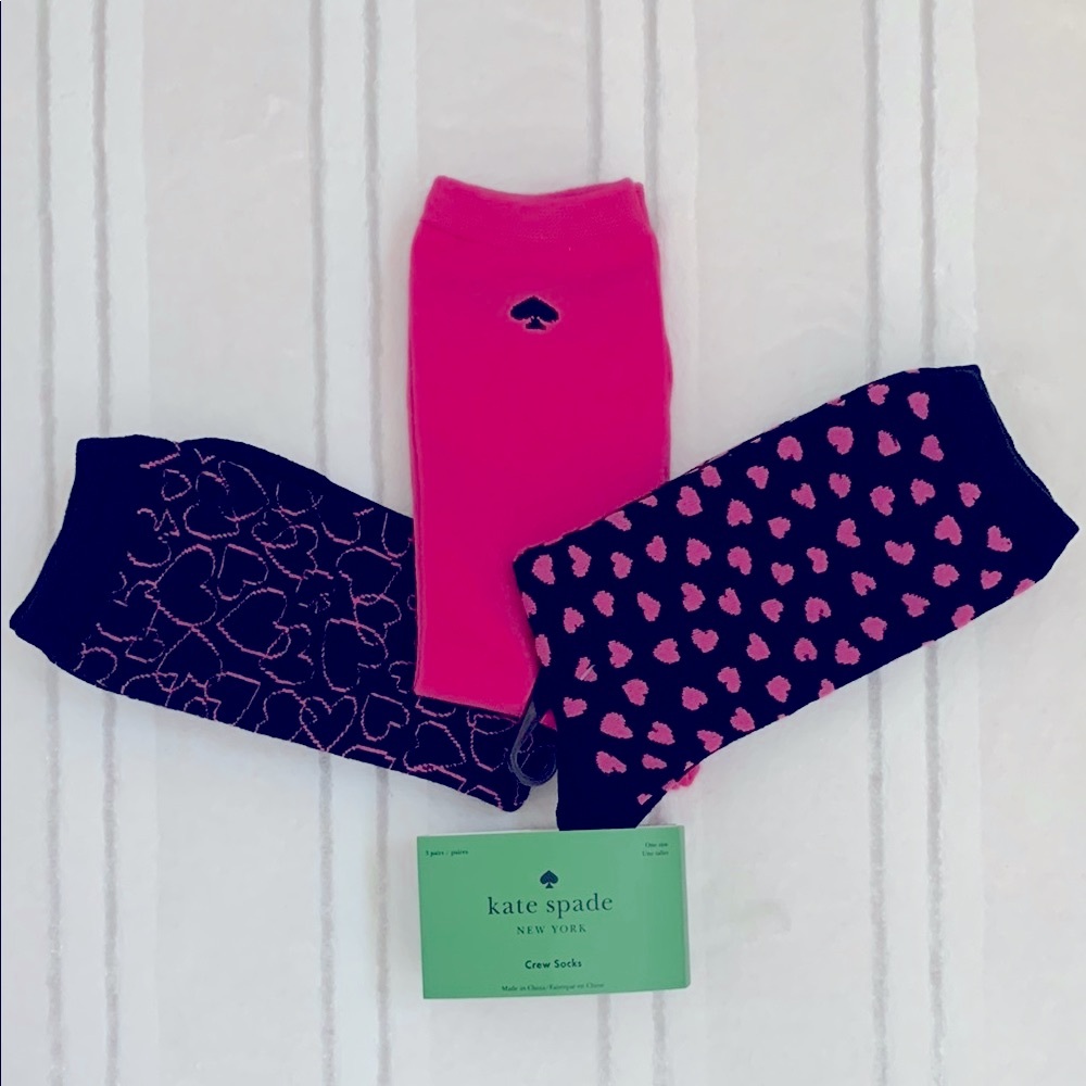Kate Spade NY Pink and Black Heart Crew Socks 3 pairs One Size